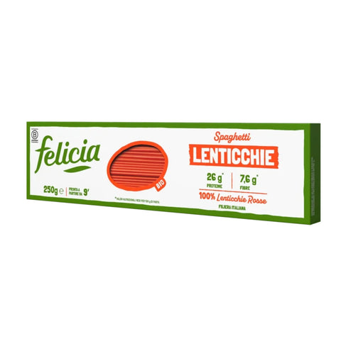 Felicia, Pasta Spaghetti di Lenticchie Rosse, Nouilles aux lentilles rouges, riches en fibres et protéines, fer et zinc, végétaliennes, 18 x 250 g + Italian Gourmet polpa 400g