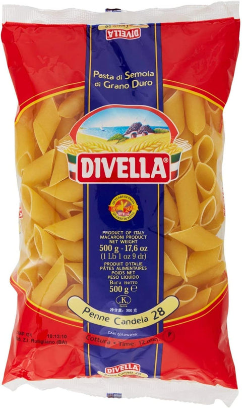 Divella Penne Candela N. 28 Lot De 24 Pâtes À La Semoule De Blé Dur 500 G + Boîte Italienne Gourmet Polpa Di Pomodoro 400 G
