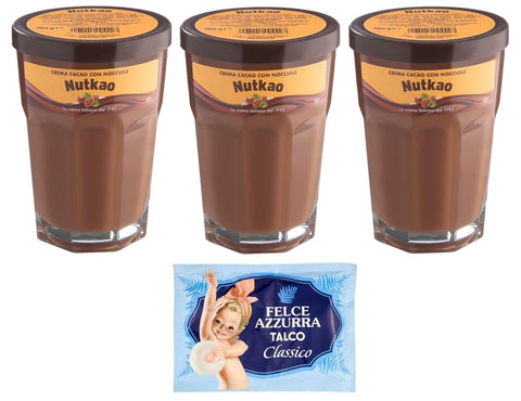 Nutkao Crema Cacao Con Nocciole Lot De 3 Crèmes À Tartiner Au Cacao Aux Noisettes, Crème Italienne, Pot De 330 G + 1 Sachet De Talc Felce Azzurra Gratuit 100 G