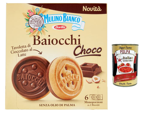 Mulino Bianco Baiocchi Choco Lot De 6 Biscuits 144 G Avec Plateau De Chocolat Au Lait Et Noisettes + Polpa Italian Gourmet 400 G