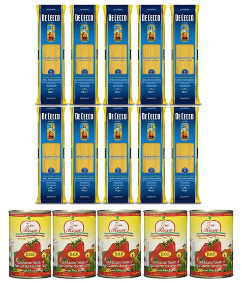 Lot De 10 Pâtes De Cecco 100 % Italiennes À Spaghettis 11 Pâtes 500 G + Dop Pomodoro San Marzano Tomate De Campanie Boîte De 400 G 5 X 400 G