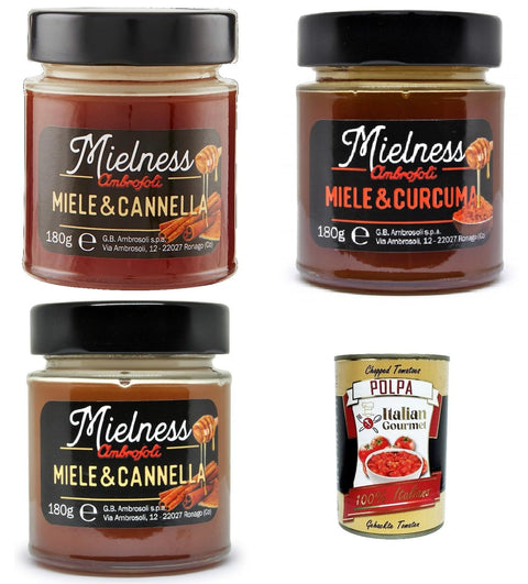 Kit De Test Ambrosoli Mielnsess Miele E Zenzero, Curcuma Et Cannella, Miel Et Gingembre, Curcuma Et Cannelle, 3 X 180 G + Polpa Italien Gourmet 400 G
