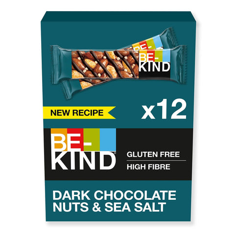 Be-Kind - Barres De Céréales - Chocolat Noir, Amandes & Sel Marin - Sans Gluten - Riches En Fibres - Grand Format - 12 X 40g