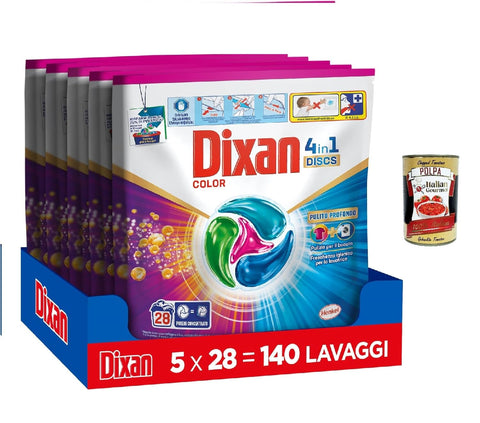 Dixan Discs 4 En 1 Color 28 Lavaggi Lessive En Capsules 5 X 28 Lavages + Italian Gourmet Polpa 400 G