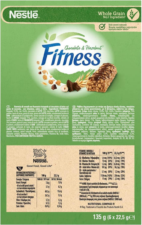 Nestlé Fitness Chocolate & Hazelnut Barres de muesli au chocolat et aux noisettes 18 x 135 g (6 x 22,5 g)