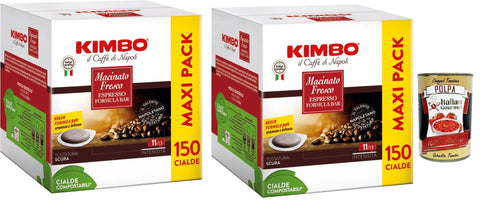 Kimbo Macinato Fresco, Maxi Pack, Espresso Formula Bar, 150 Cialde Ese 44mm, 2x Box Lot De 150 Dosettes De Café + Italian Gourmet Polpa 400g