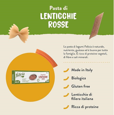 Felicia, Pasta Spaghetti di Lenticchie Rosse, Nouilles aux lentilles rouges, riches en fibres et protéines, fer et zinc, végétaliennes, 18 x 250 g + Italian Gourmet polpa 400g