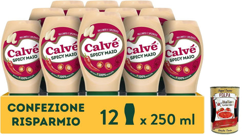 Calvé Maionese Spicy Mayo, 12 Pièces De 250 Ml, Mayonnaise Avec Ajout De Paprika Et De Poivre De Cayenne, Sauce Épicée Et Piquante Idéale Pour Sushi, Pokè Et Frits+Italian Gourmet Polpa 400g