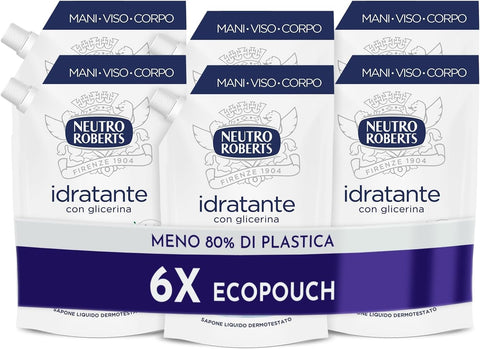 Neutro Roberts, Ecopouch Savon Liquide Hydratant À La Glycérine, Recharge Écologique De Savon Liquide Pour Les Mains - Testé Dermatologiquement, Sans Savon - 6 Bouteilles De 400ml