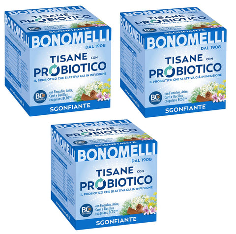Bonomelli Tisane Con Probiotico Sgonfiante Lot De 3 Tisanes Avec Probiotiques Avec Fenouil, Anis Et Cumin Lot De 10 Filtres