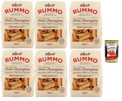Rummo Penne Candela N° 77, Durum Pâtes Sémoraires, Italiennes Pasta Italian Noodles 6x 500 G Pack + Italian Gourmet Polpa Di Pomodoro 400 G