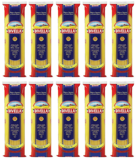 Divella Capellini N°11 Lot De 10 Pâtes À La Semoule De Blé Dur 500 G + Boîte Italienne Gourmet Polpa Di Pomodoro 400 G