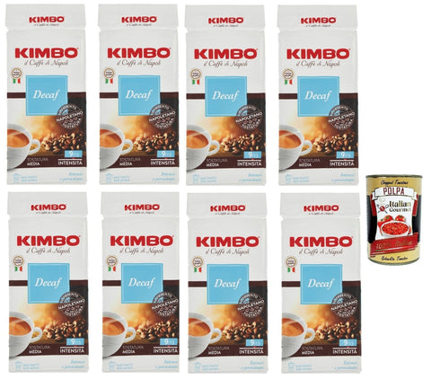 Kimbo Decaf Caffè Decaffeinato Italiano, Caffè Macinato, Café Décaféiné, Italian Café Moulu, Convient Pour Cafetière Moka, Lot De 8x 250 Gr + Italian Gourmet Polpa 400g