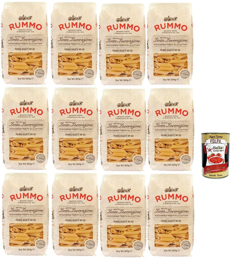 Rummo Penne Rigate N° 66, Durum Pâtes Sémoraires, Italiennes Pasta Italian Noodles 12x 500 G Pack + Italian Gourmet Polpa Di Pomodoro 400 G