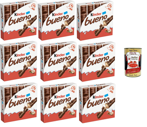 Kinder Bueno Lot De 5 Collations Au Chocolat Et Noisettes, Une Gaufre Remplie De Crème De Noisettes Enveloppée De Chocolat Pour Enfants, 9 Paquets De 107,5 G + Polpa Italian Gourmet 400 G