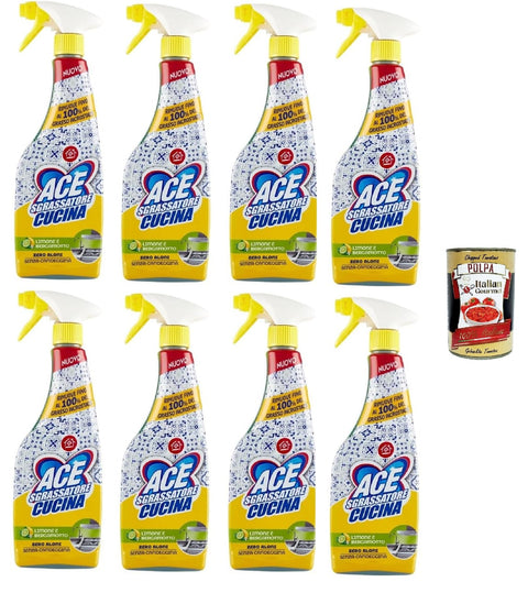Ace Sgrassatore Cucina Lot De 8 Sprays De Dégraissant Pour Cuisine, Parfum Citron Et Bergamote, Élimine Jusqu'à 100 % De Graisse Incrustée, 8 X 600 Ml + Italian Gourmet Polpa