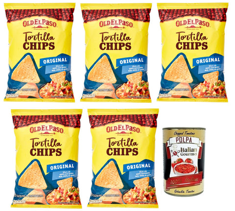 Old El Paso Lot De 5 Chips Tortillas Originaux, Spécialités Mexicaines, Chips De Maïs, Légèrement Salés, Snacks De Maïs À Tremper Dans La Sauce, Sachet De 185 G + Boîte De 400 G Gourmet Italienne