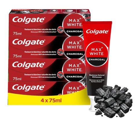Colgate - Dentifrice Blanchissant Max White | Dentifrice Au Charbon Actif | Dentifrice Blanchissant | 99 % D'ingrédients D'origine Naturelle | Dentifrice Colgate Lot De 4 X 75ml