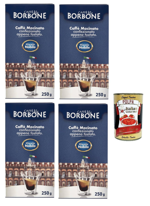 Caffè Borbone Miscela Nobile Caffè Macinato, Italian Café Moulu, Convient Pour Cafetière Moka, Lot De 4x 250 Gr + Italian Gourmet Polpa 400g