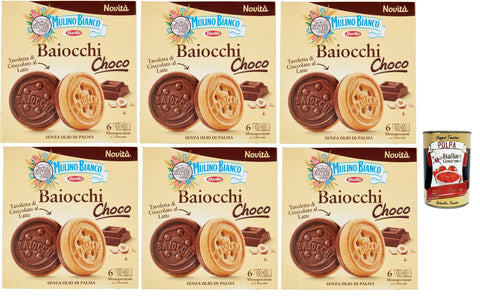 Mulino Bianco Biscotti Baiocchi Choco, Biscuit De Pâte Et Comprimé De Chocolat Au Lait Avec Des Noisettes, Excellent Comme Une Collation, Biscuits Cookies, 6x 144g + Italian Gourmet Polpa 400g