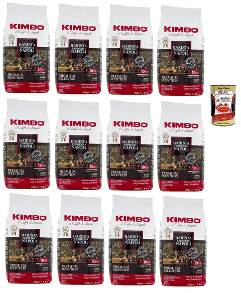 Kimbo Barista Espresso Napoli Caffè In Grani, Café En Grains Entier, Arabica 80%/Robusta 20%, Avec Des Notes De Pain Fraîchement Grillé Et De Chocolat Noir, 12x 250 G + Italian Gourmet Polpa 400g