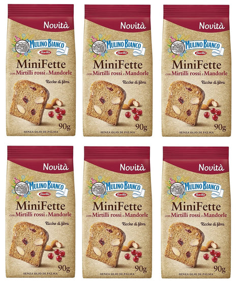 Lot De 6 Mini Graisses Mulino Bianco Biscottate Con Farina Intégrale, Mirtilli Rossi, Mandorle E Semi Di Girasole Biscottes Avec Farine Complète, Canneberges, Amandes Et Graines De Tournesol 90 G