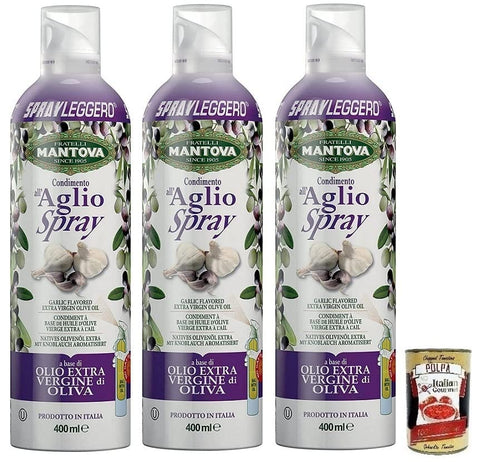 3x Fratelli Mantova Condimento all'Aglio, Spray d'huile d'olive extra vierge à l'ail, spray d'huile italienne 400 ml + Italian Gourmet Polpa di Pomodoro 400g