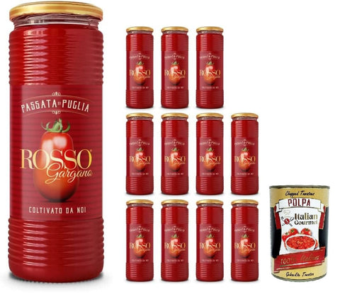 Passata Di Pomodoro Di Puglia Rosso Gargano Tradizionale 690ml Purée de tomates rouges traditionnelles des Pouilles du Gargano, 12 bouteilles de 690 ml + Italian Gourmet polpa 400g