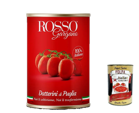 24x Rosso Gargano pomodori Datterino di Puglia Tomates cerises des Pouilles, tomates datterini en conserve 400g + Italian Gourmet polpa 400g