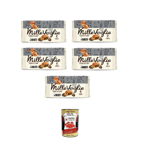 Matilde Vicenzi Millevoglie Caffè Bialetti 100g, Bouchées de pâte feuilletée Bialetti au cœur fourré au café 5x100gr + Italian Gourmet Polpa di Pomodoro 400g