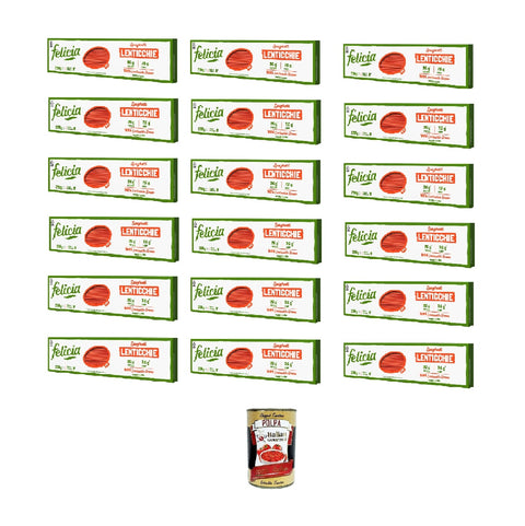 Felicia, Pasta Spaghetti di Lenticchie Rosse, Nouilles aux lentilles rouges, riches en fibres et protéines, fer et zinc, végétaliennes, 18 x 250 g + Italian Gourmet polpa 400g