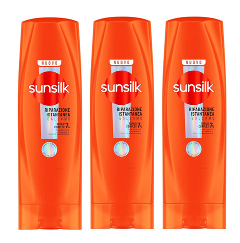 3x Sunsilk, Balsamo Riparazione Istantanea Après-shampoing réparateur dès la première utilisation* pour cheveux abîmés, formule enrichie à 7 % d'un complexe réparateur aux peptides, vitamine C et huile d'amande douce, 200 ml