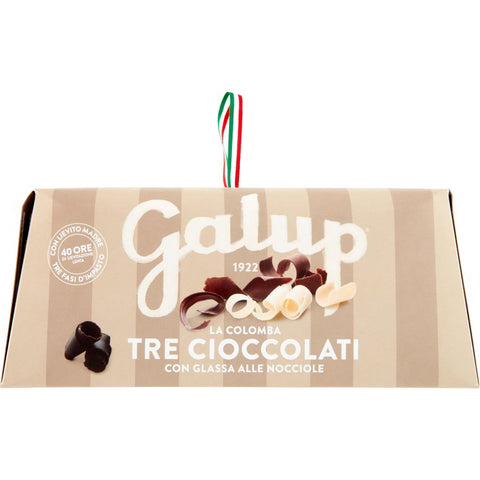 GALUP Colomba tre cioccolati glassa alle nocciole Colombe de Pâques fourrée de trois chocolats et nappée d'un glaçage aux noisettes, 750 g
