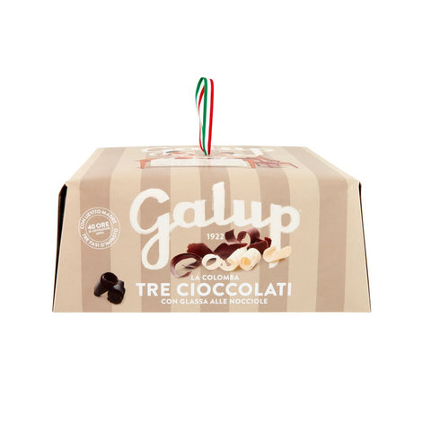 GALUP Colomba tre cioccolati glassa alle nocciole Colombe de Pâques fourrée de trois chocolats et nappée d'un glaçage aux noisettes, 750 g