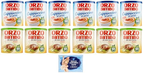 Orzo Bimbo Lot De 12 Paquets De Test Solubles Pour Cappuccino D'orge 150 G + Orzo Bimbo Orzo Bimbo 120 G, Une Alternative Sans Caféine + 1 Sachet De Talc Felce Azzurra Gratuit 100 G
