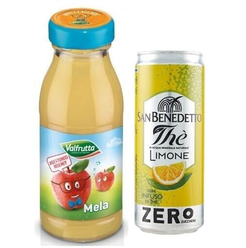 Valfrutta Succhi Di Frutta Mela Lot De 48 Bouteilles Jetables En Verre 100 % Jus De Fruits Avec Pomme Italienne, Boisson Sans Alcool, 125 Ml + 1 Boîte De Thé Glacé San Benedetto Au Citron Sans Sucre