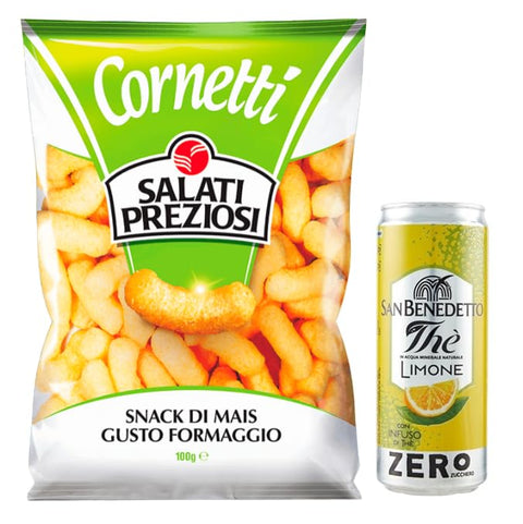 Salati Preziosi Cornetti Di Maïs Lot De 20 Chips De Maïs Au Goût Fromage, Chips De 100 G + 1 Sachet De Thé Glacé San Benedetto Au Citron Sans Sucre Boîte De 330 Ml