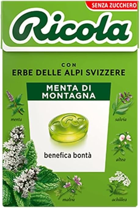 Ricola Caramelle alle erbe alla menta di montagna Pastilles à la menthe des montagnes suisses, sans sucre – 20 x 50 g