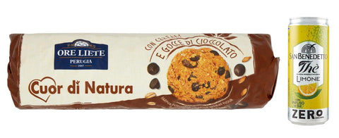 Ore Liete Cuor Di Natura Biscotti Lot De 12 Biscuits Avec Céréales Et Gouttes De Chocolat, Avec Farine De Grains Entiers Et Sans Sucre Ajouté, 250 G + 1 Sachet De Thé Glacé San Benedetto Au Citron