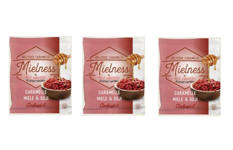 Lot De 3 Bonbons Au Miel Ambrosoli Mielness Miele & Goji Avec Baies De Goji Sachets De Bonbons De 90 G