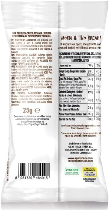 Aperisnack B-Fruit mix sport Mélange 100% naturel de fruits séchés et déshydratés, 20 portions individuelles de 25 g chacune.