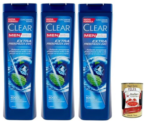 Clear Extra Freschezza 24h Shampooing Pour Homme Pour Tous Les Types De Cheveux Et De Cuir Chevelu – Shampooing Extra Frais 3 X 225 Ml + Italian Gourmet Polpa 400 G