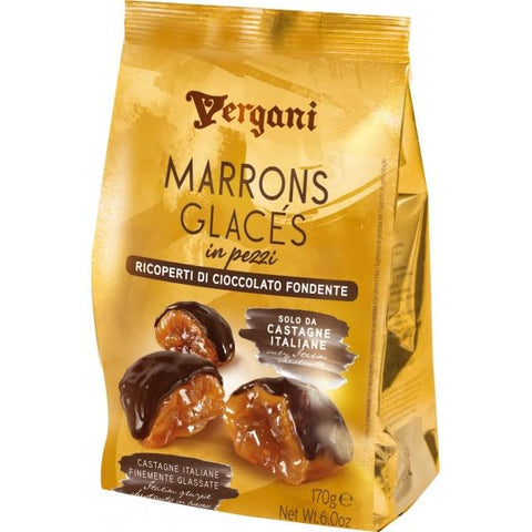 6x Vergani Marron Glacès in pezzi ricoperti al cioccolato fondente en morceaux enrobés de chocolat noir 170 g