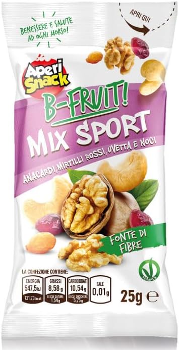 Aperisnack B-Fruit mix sport Mélange 100% naturel de fruits séchés et déshydratés, 20 portions individuelles de 25 g chacune.