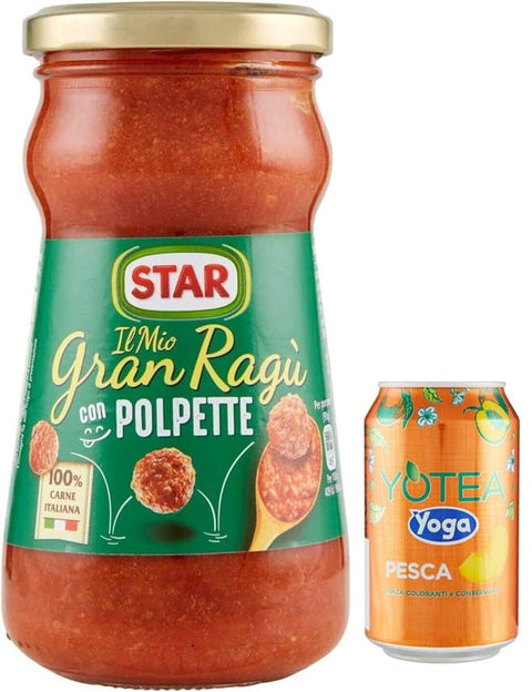 Star Il Mio Gran Ragu' Con Lot De 12 Polpettes, Sauce Tomate Avec Porc Et Boulettes De Viande, Verre De 360 G + 1 Boîte De Thé Glacé Yoga À La Pêche 330 Ml