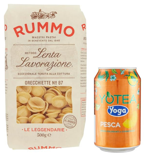Rummo Pasta Orecchiette N°87 Lot De 12 Pâtes Italiennes À Base De Semoule De Blé Dur, 500 G + 1 Boîte De Thé Glacé Pour Yoga, Pêche 330 Ml