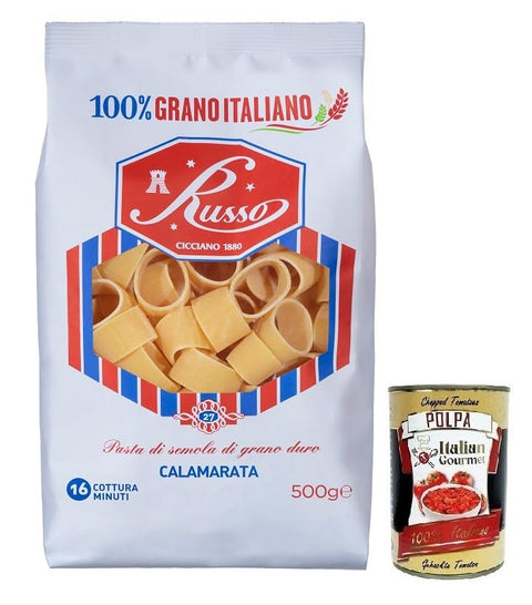 Russo Calamarata N°27 Pâtes À Semoule De Blé Dur, 100 % Blé Italien, Paquet De 500 G + Boîte De 400 G