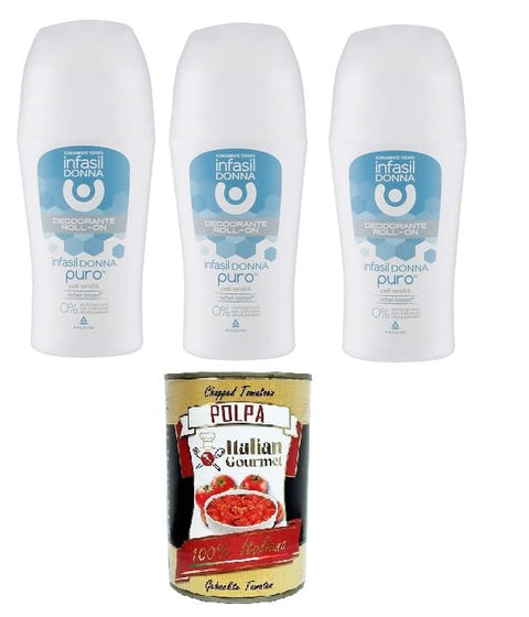 Infasil Donna Pure Lot De 3 Déodorants Roll-On Puro Per Pelli Sensibili Woman Pour Peaux Sensibles 3 X 50 Ml + Italian Gourmet Polpa 400 G