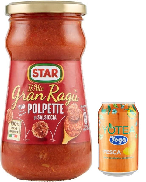 Rummo Star Il Mio Gran Ragu' Con Polpette Di Salsiccia Lot De 12 Sauce Tomate Avec Porc Et Boulettes De Viande De Viande, Verre De 360 G + 1 Boîte De Thé Glacé Yoga À La Pêche 330 Ml