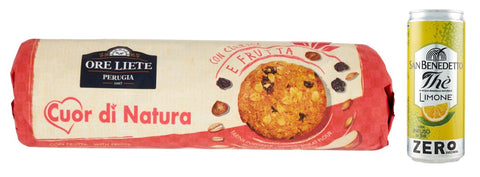 Ore Liete Cuor Di Natura Biscotti Frutta Lot De 12 Biscuits Avec Céréales Et Fruits, Avec Farine De Grains Entiers Et Sans Sucre Ajouté, 250 G + 1 Sachet De Thé Glacé San Benedetto Au Citron Sans